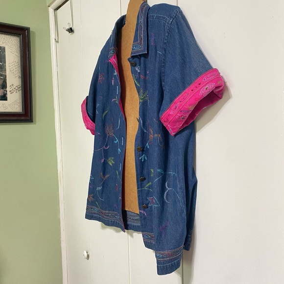 COUNTRY WEAR Vintage Denim Beaded Short Sleeve Shacket Pink Floral Large Petite - Picture 5 of 16